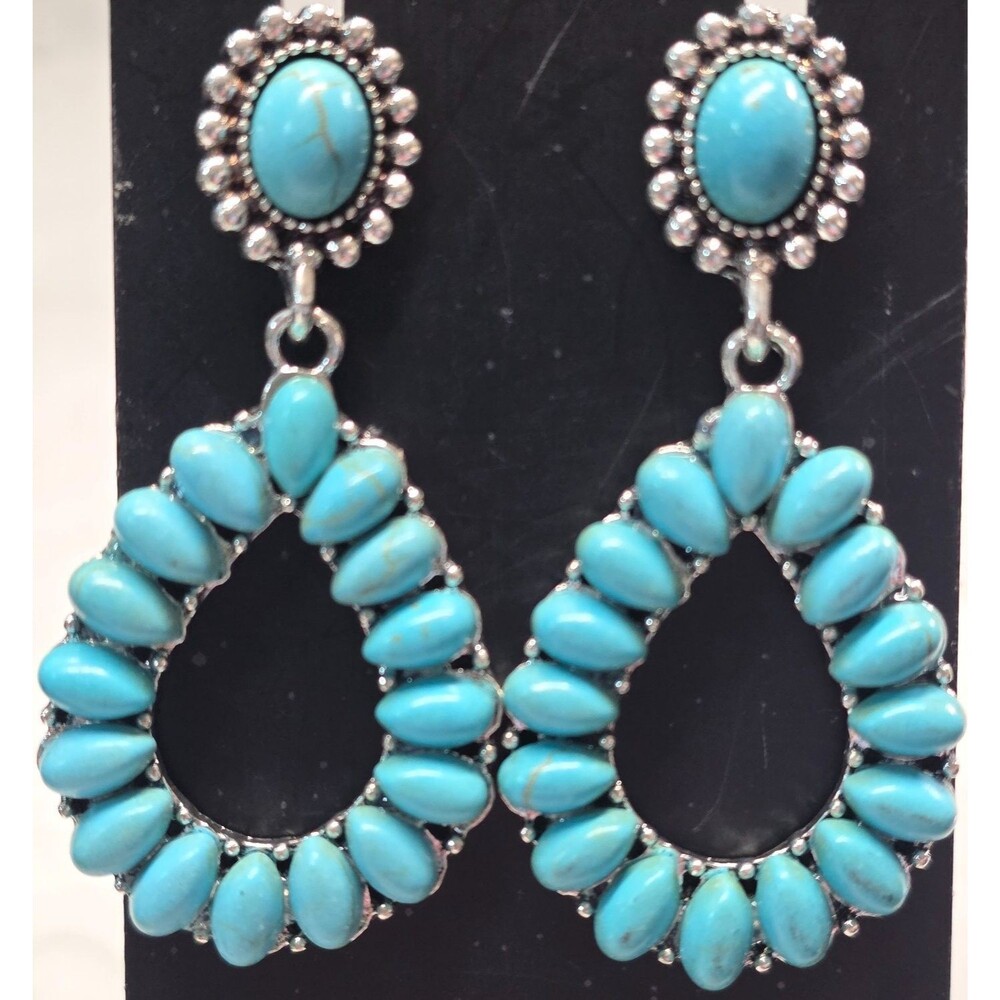 New Southwestern Faux Turquoise Teardrop Dangle Earrings Tone Cluster Cowgirl